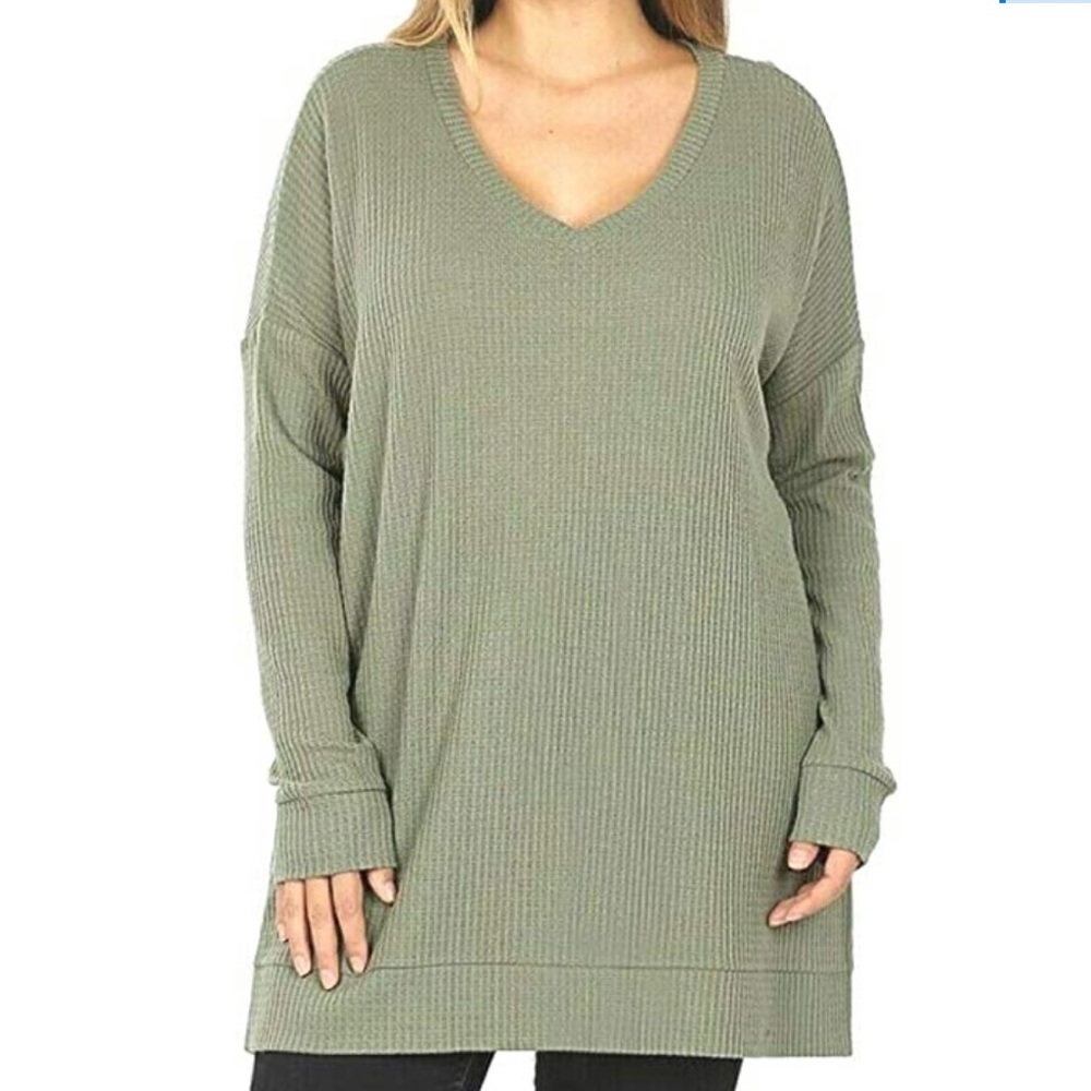 Olive waffle weave long sleeve top